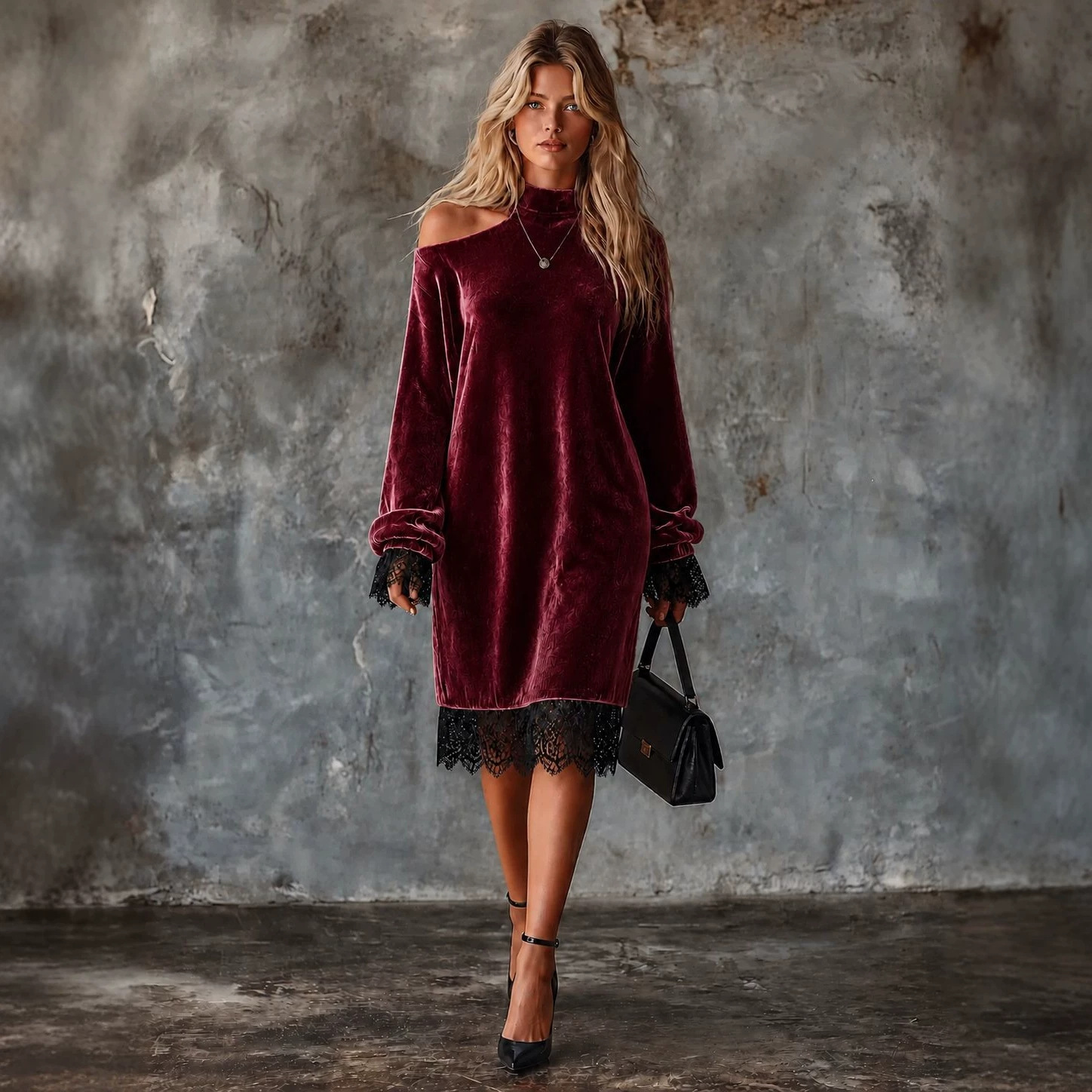Off-Shoulder Lace-Trim Velvet Midi Dress