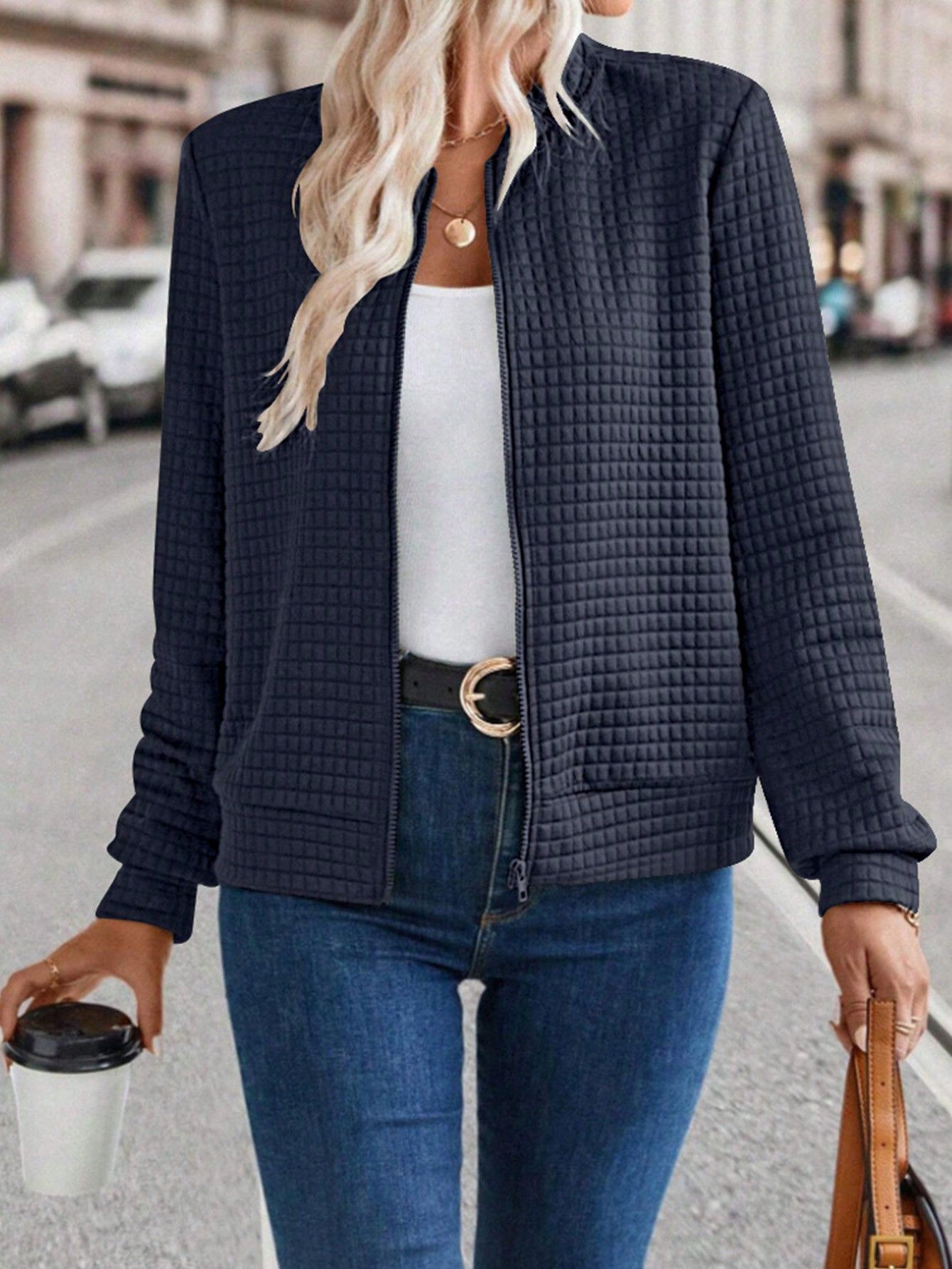 Women's Solid Color Zip-Up Jacket with Textured Finish