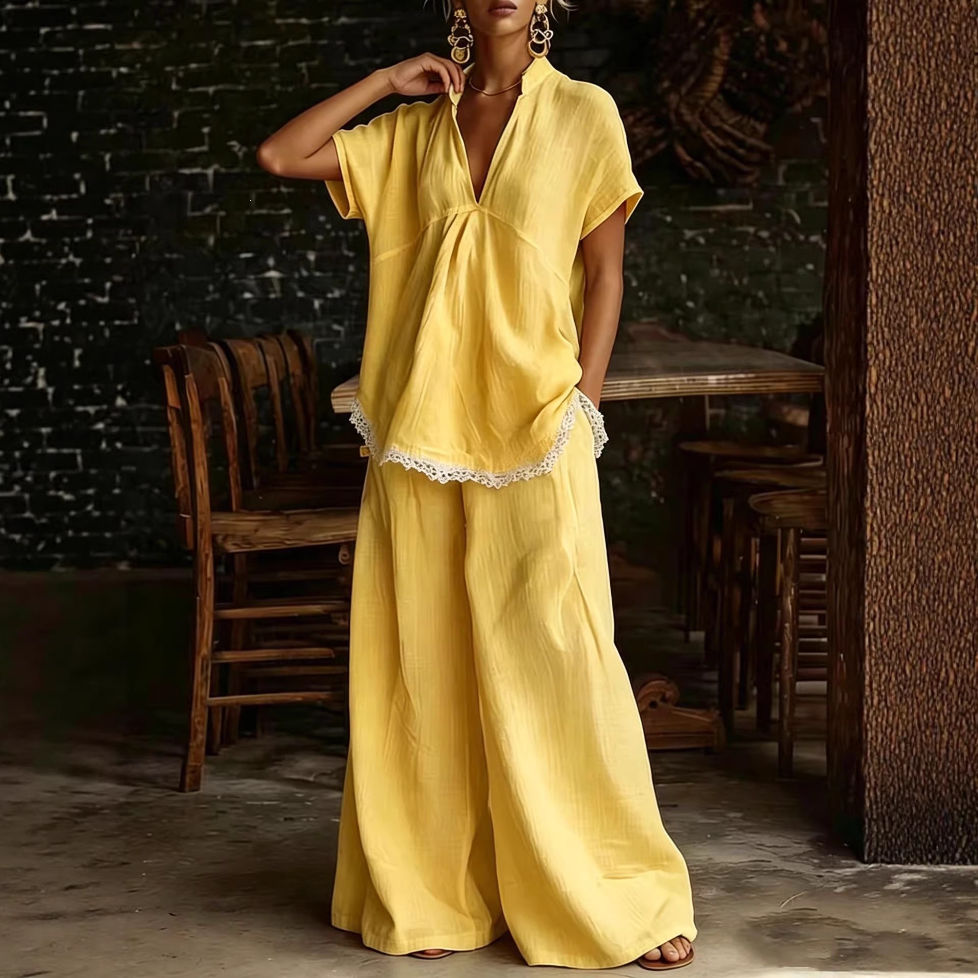 Women's Linen-Blend Short-Sleeve Shirt & Wide-Leg Pants Two-Piece Set