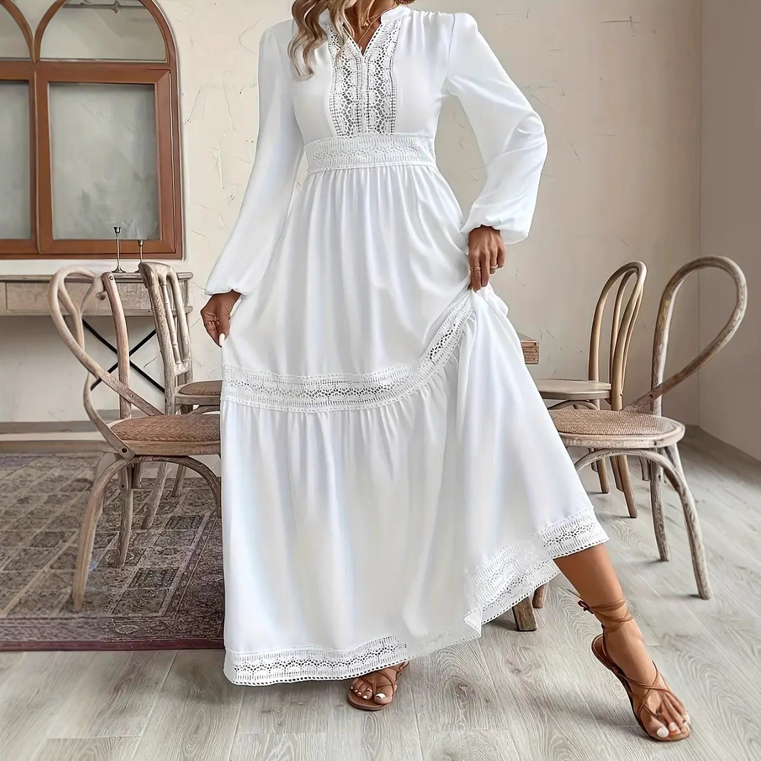Elegant Lantern Sleeve Lace Cutout Maxi Dress with Full Skirt