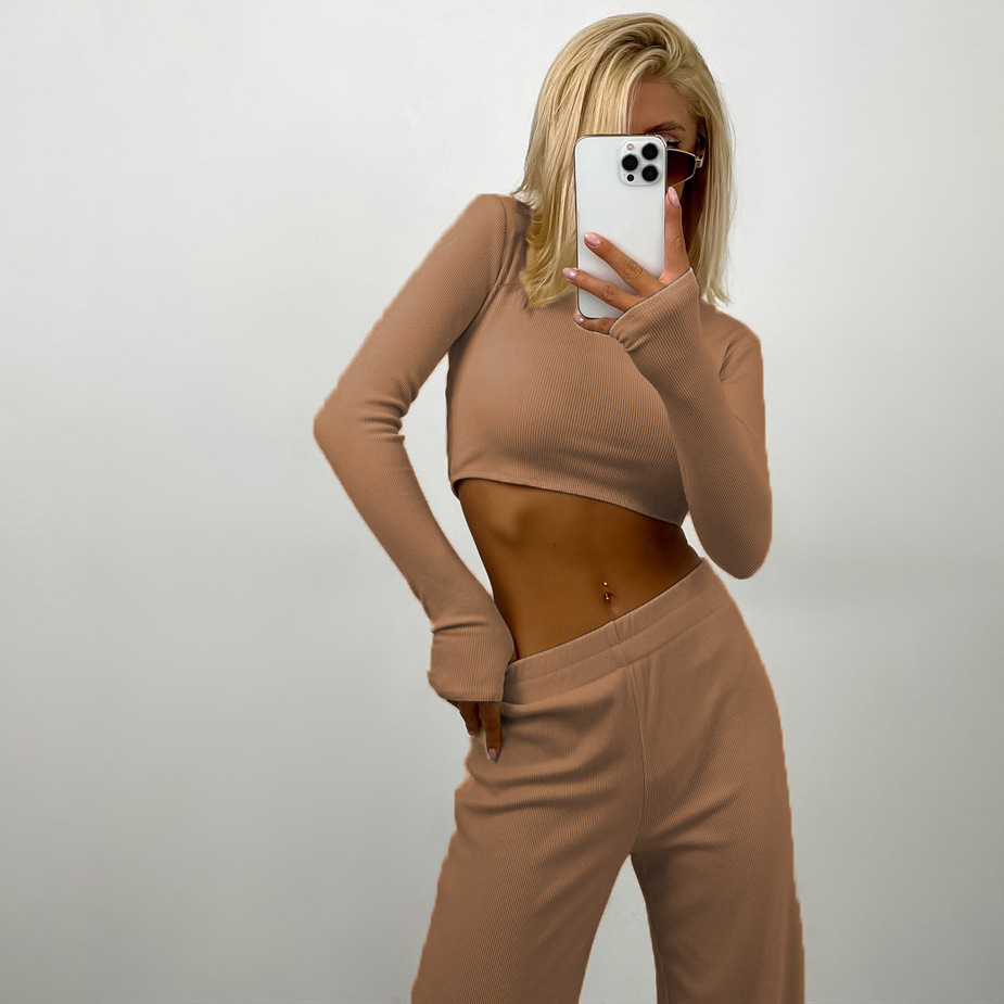 Women's Solid Color Two-Piece Set: Loose Wide-Leg Pants & Fitted Knit Top