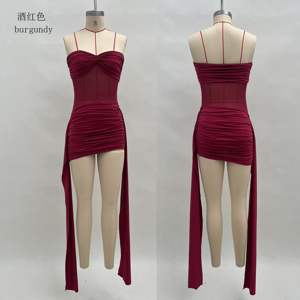Mesh Paneled Strapless Bodycon Dress with Ribbon Accent