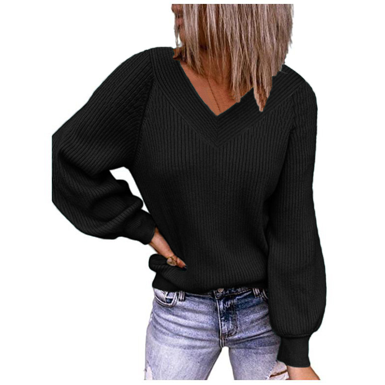 Women's Plus Size Loose V-Neck Solid Knit Pullover Sweater