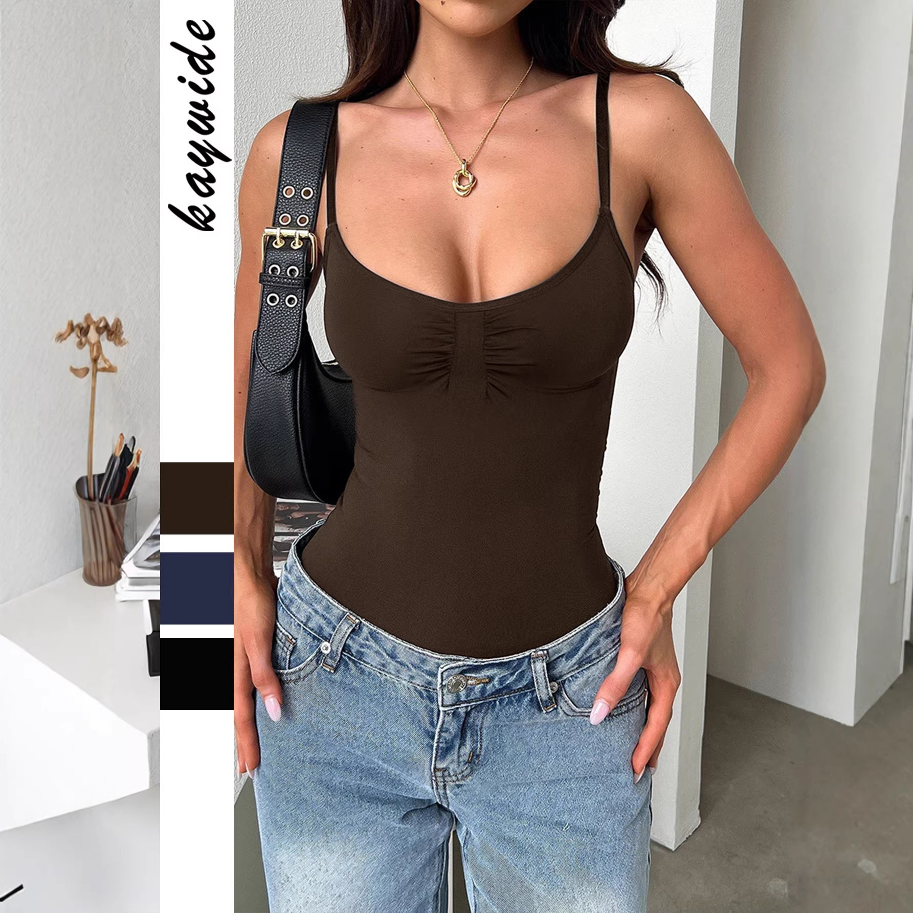 Y2K Sexy Sleeveless Cami Vest Bodysuit for Women Solid Color High Waist