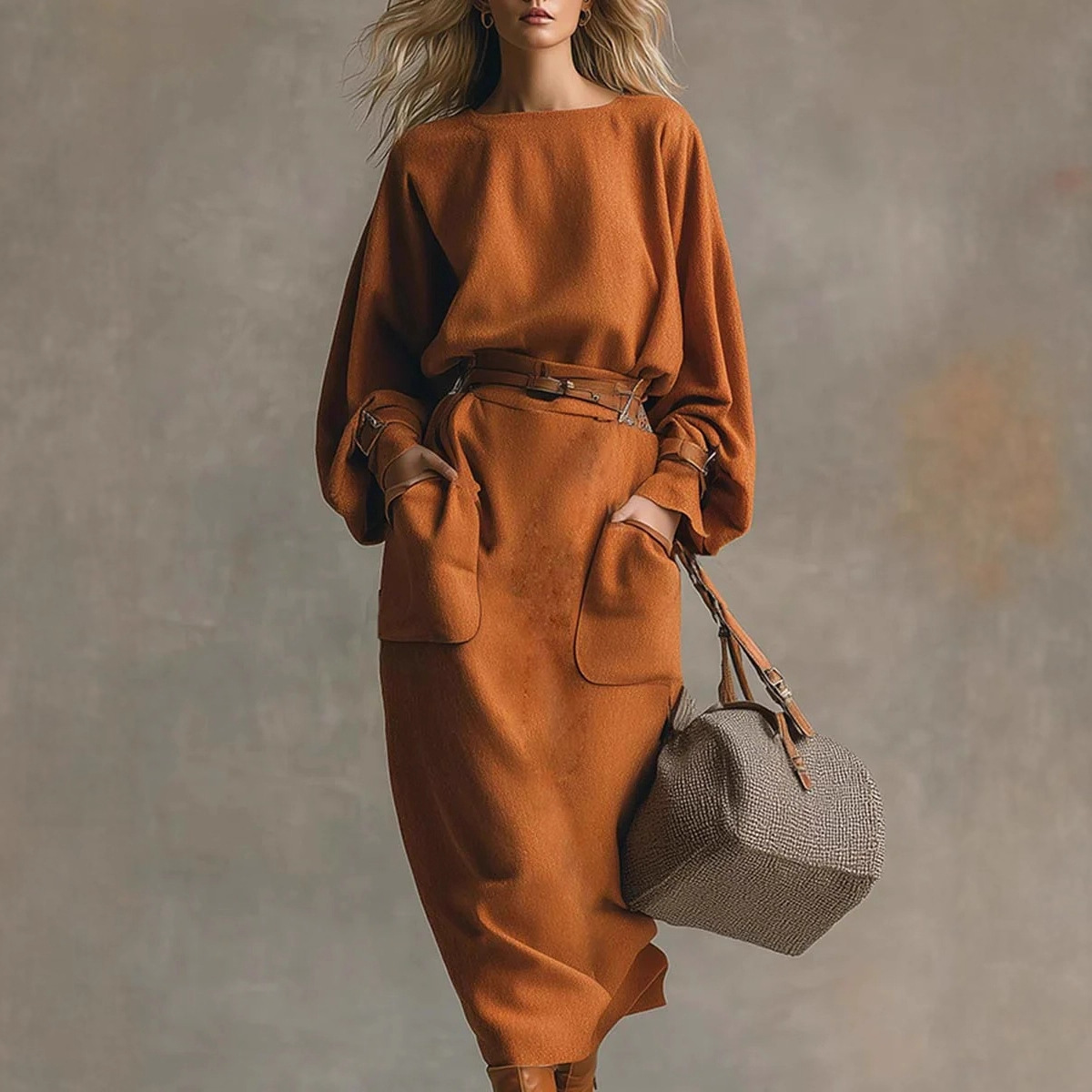Women's Loose Crewneck Long-Sleeve Top and Pocket Midi Skirt Set