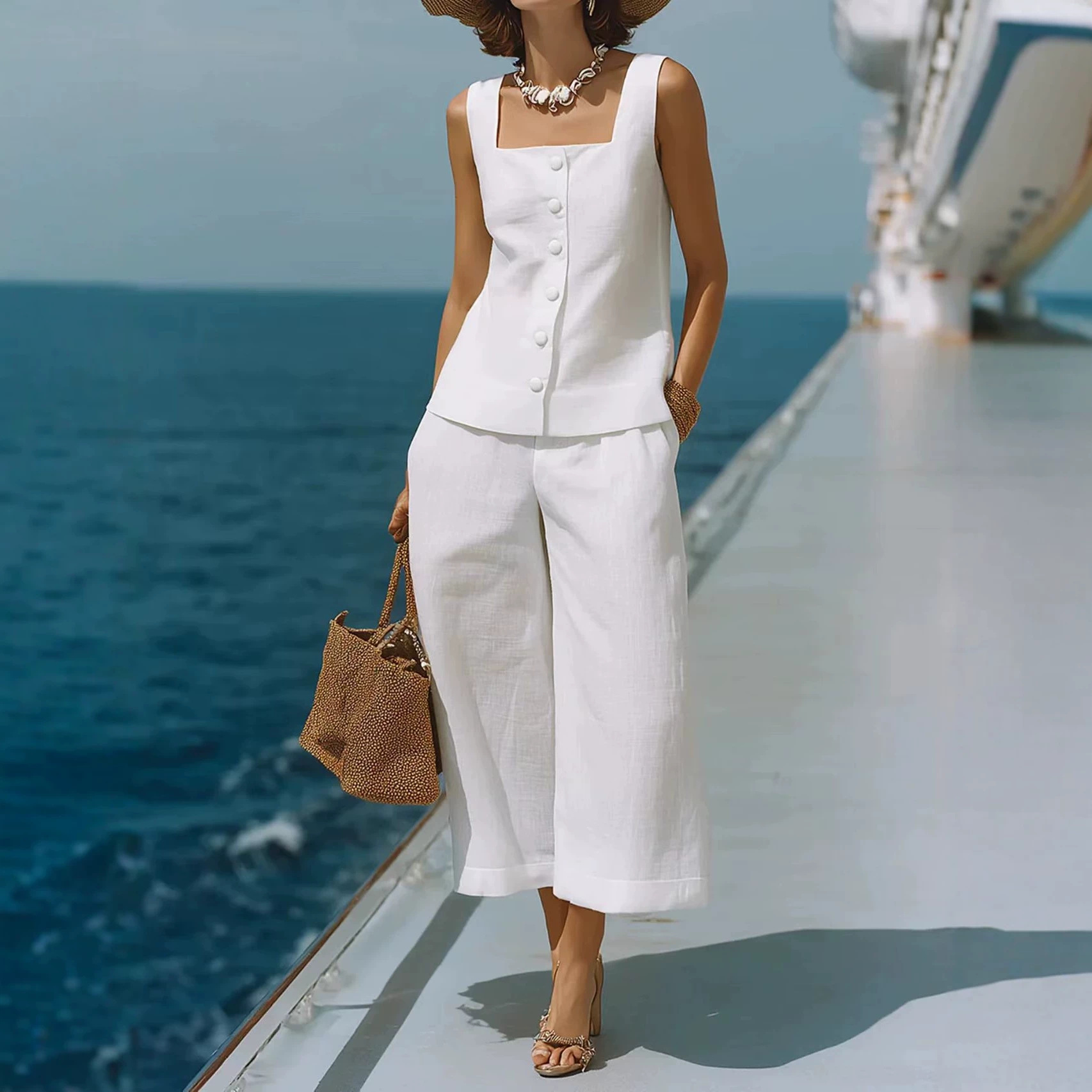 Solid Button Square Neck Sleeveless Top and Pants Two-Piece Set