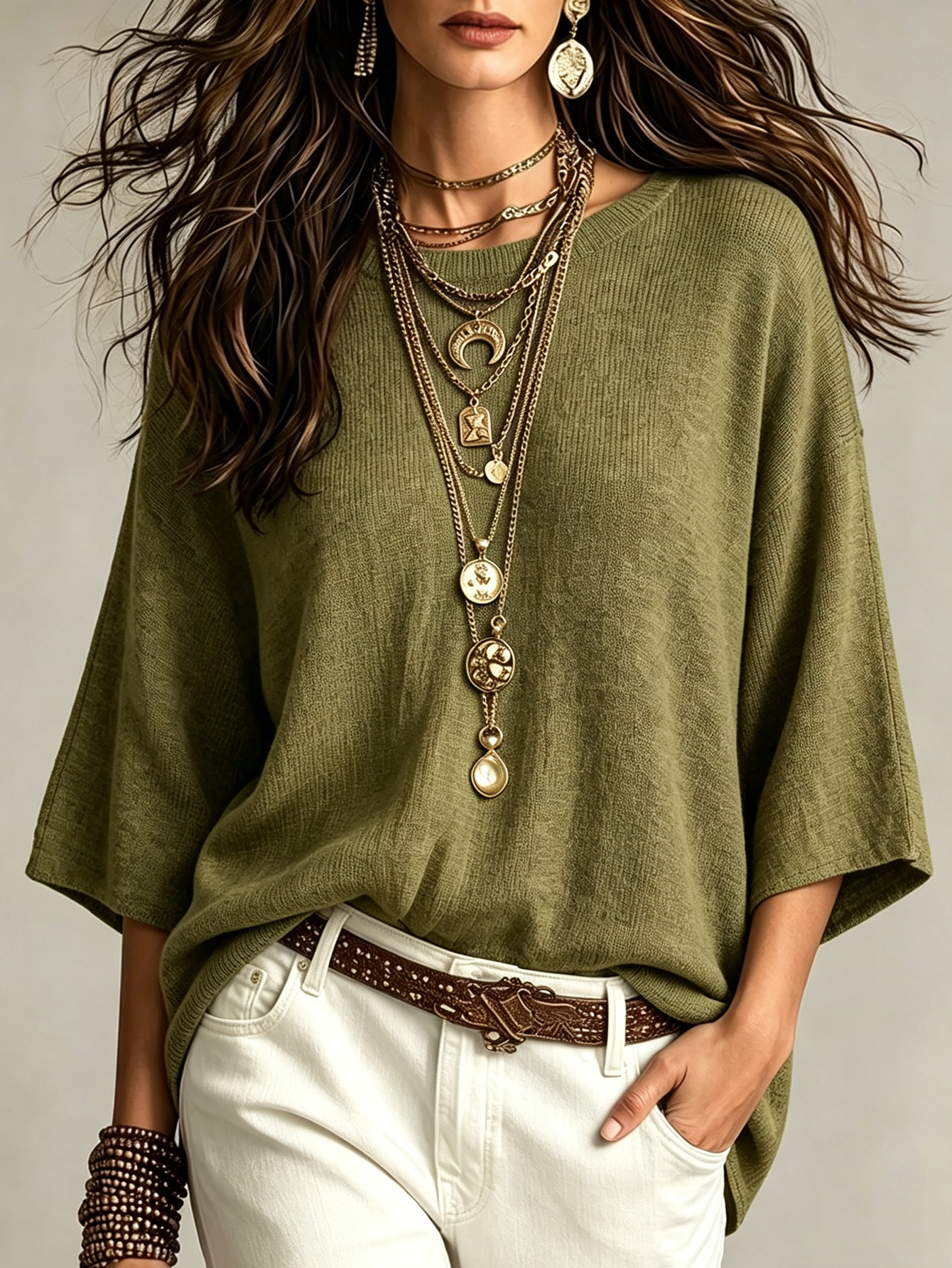 Women's Solid Knit Sweater Loose Wide Sleeve Round Neck Pullover