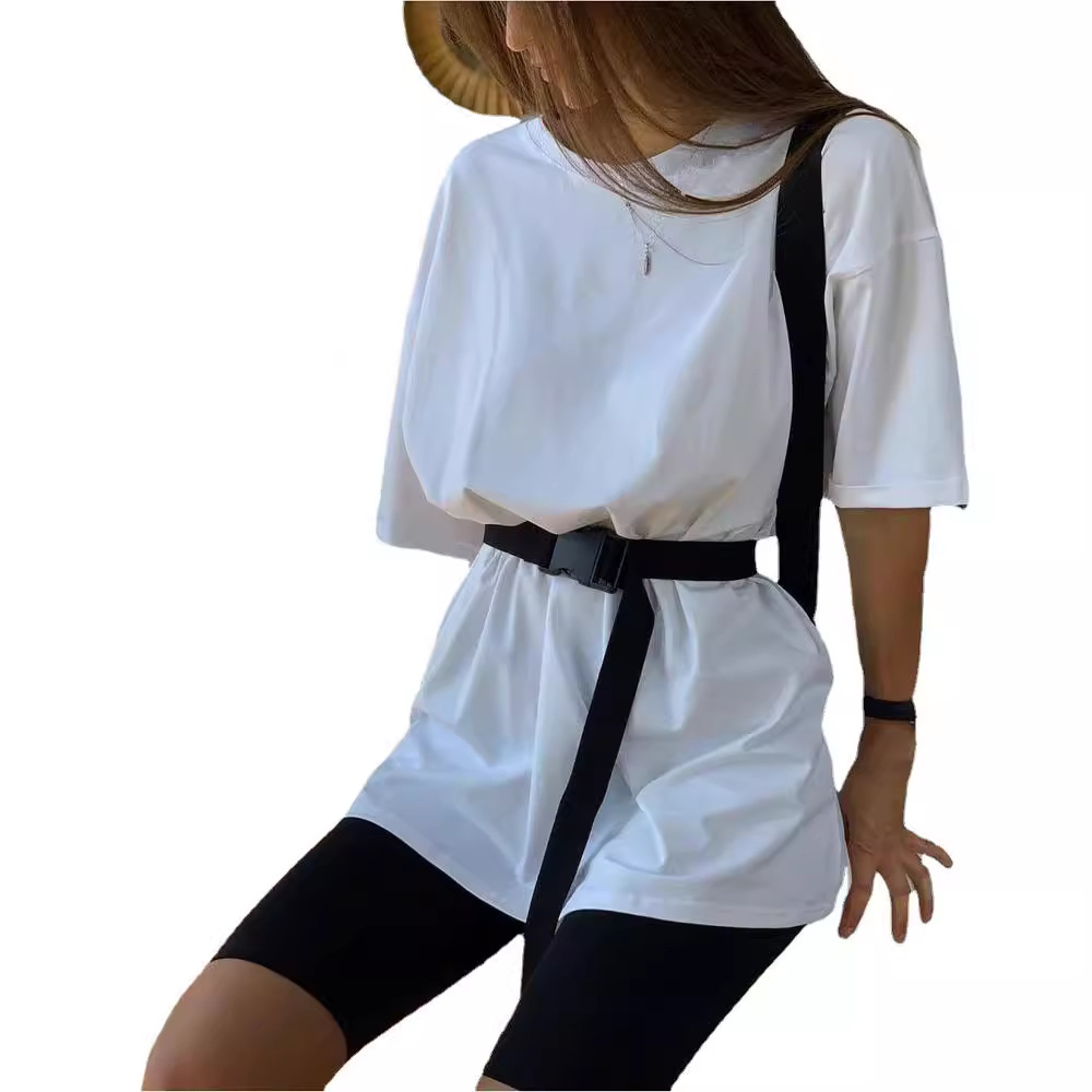 Women's Two-Piece Solid Color Lounge Set with Belt, Loose Casual Sporty