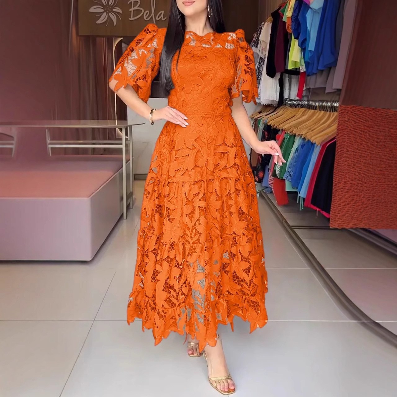 Women's Elegant Round Neck Hollow Lace Dress