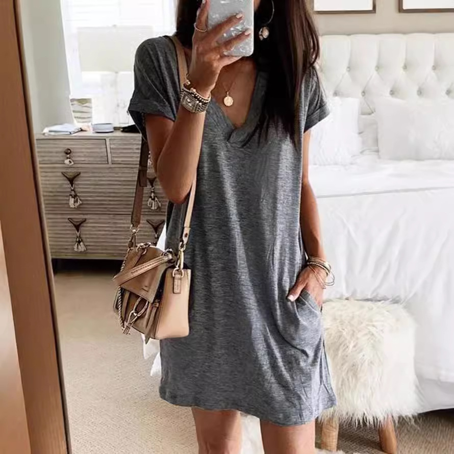 Women's Loose Casual Solid Color Short Sleeve Dress