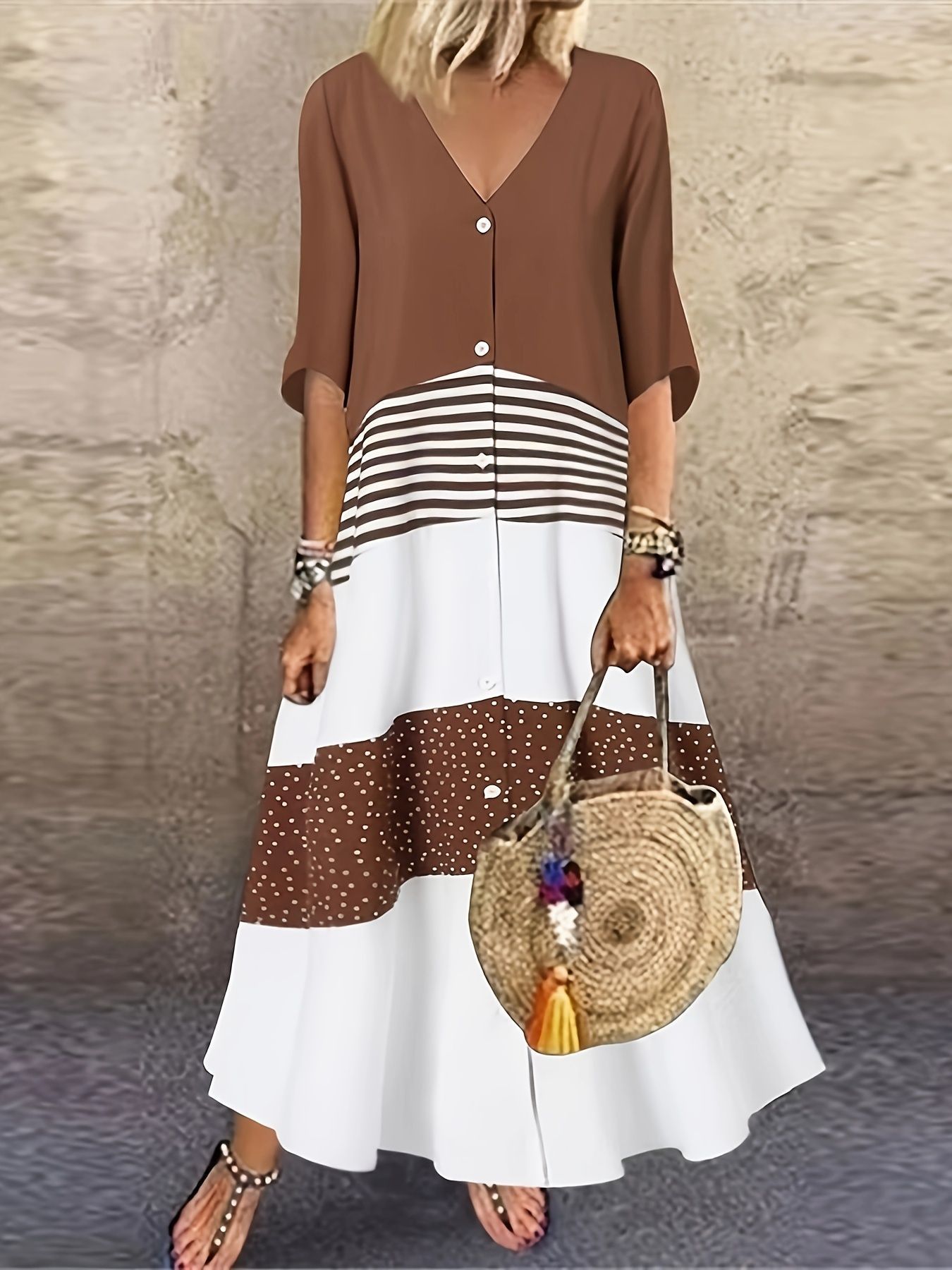 V-Neck Printed Long Dress with Button Front and Paneled Design