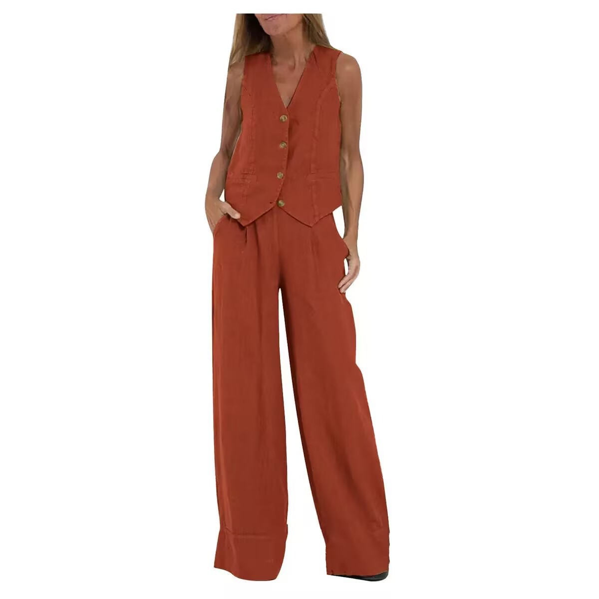 Women's Sleeveless Vest & Pants Set Cotton Linen Patchwork Casual