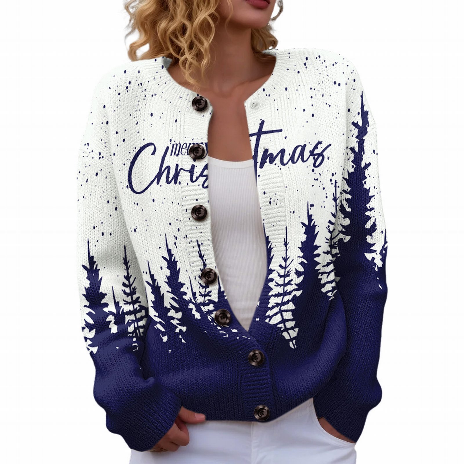 Women's Christmas Reindeer Forest Print Button Cardigan Sweater