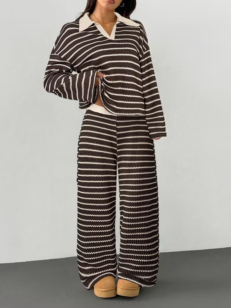 Striped Colorblock Two-Piece Set with Collared Top and Elastic Waist Pants
