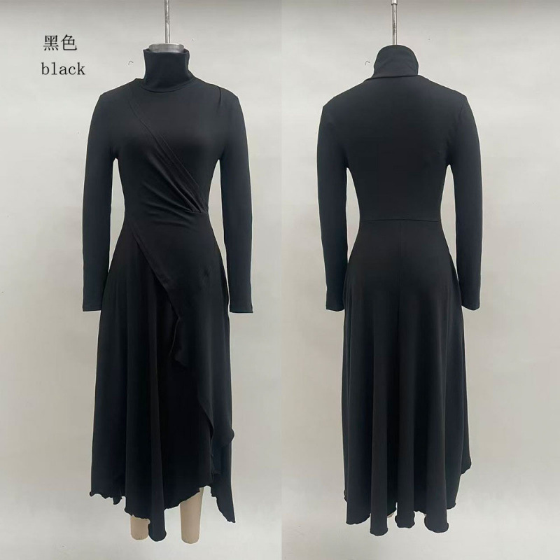 Women's Solid Long Sleeve High Neck Asymmetrical Dress