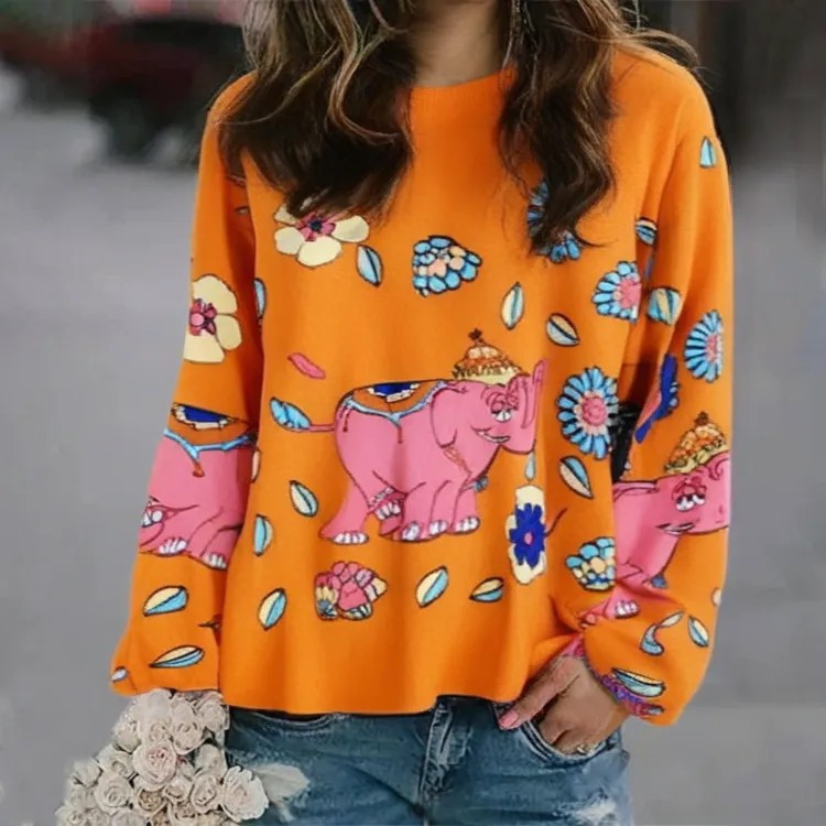 3D Print Women's Sweater Crewneck Pullover Casual Loose Long Sleeve Knit Top