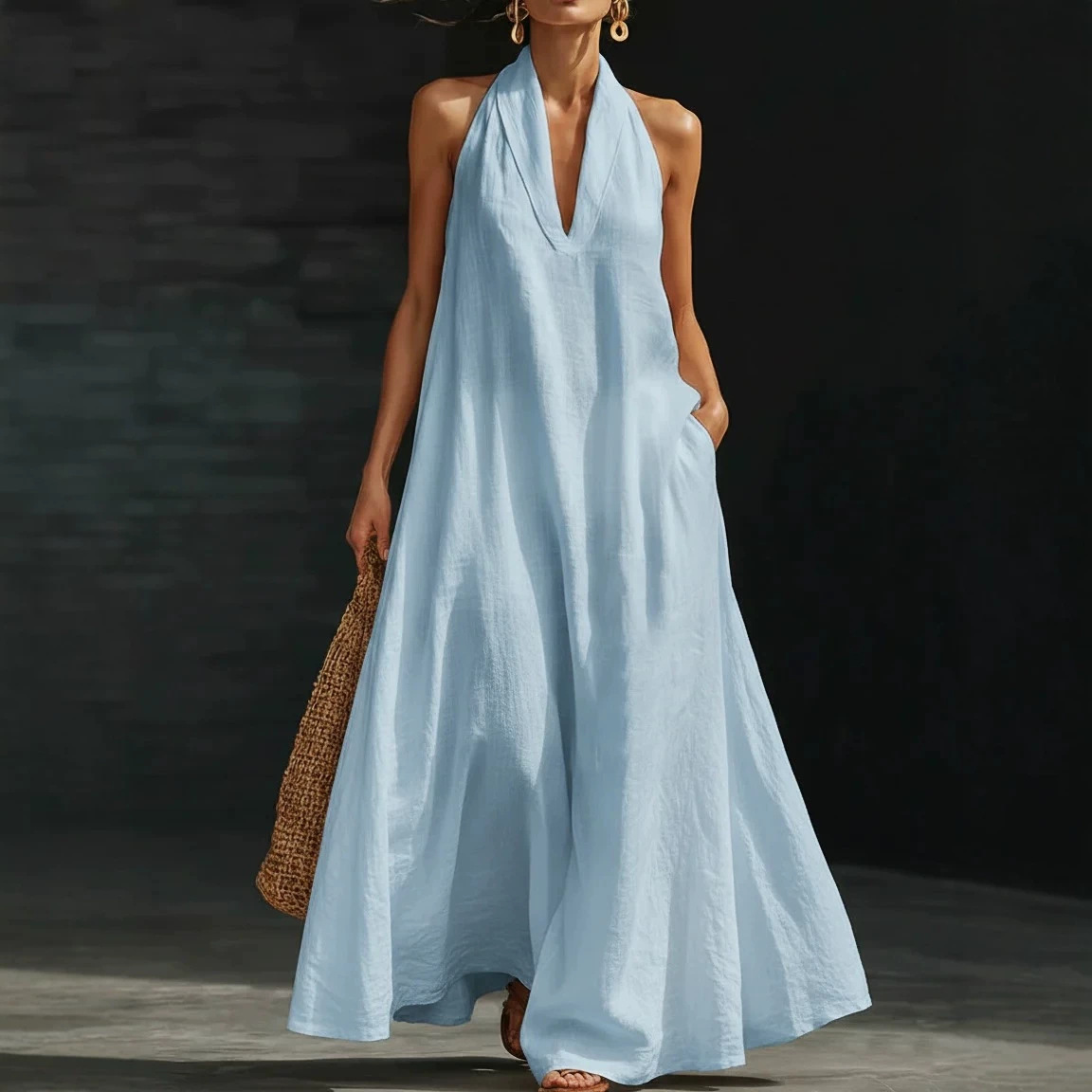 Women's Casual Solid V-Neck Long Dress