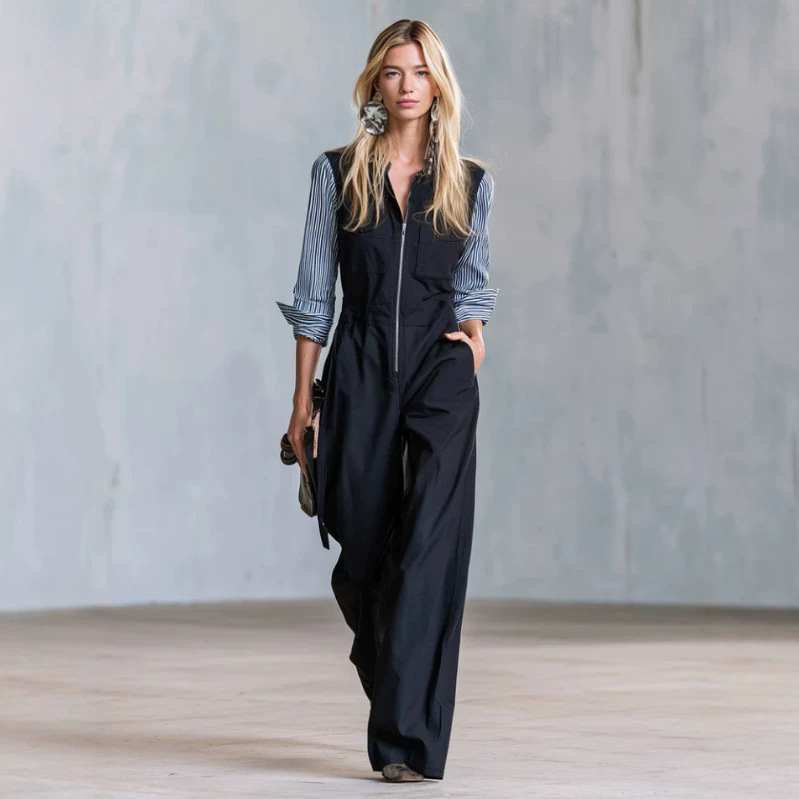 Black Patchwork Striped Long Sleeve Jumpsuit