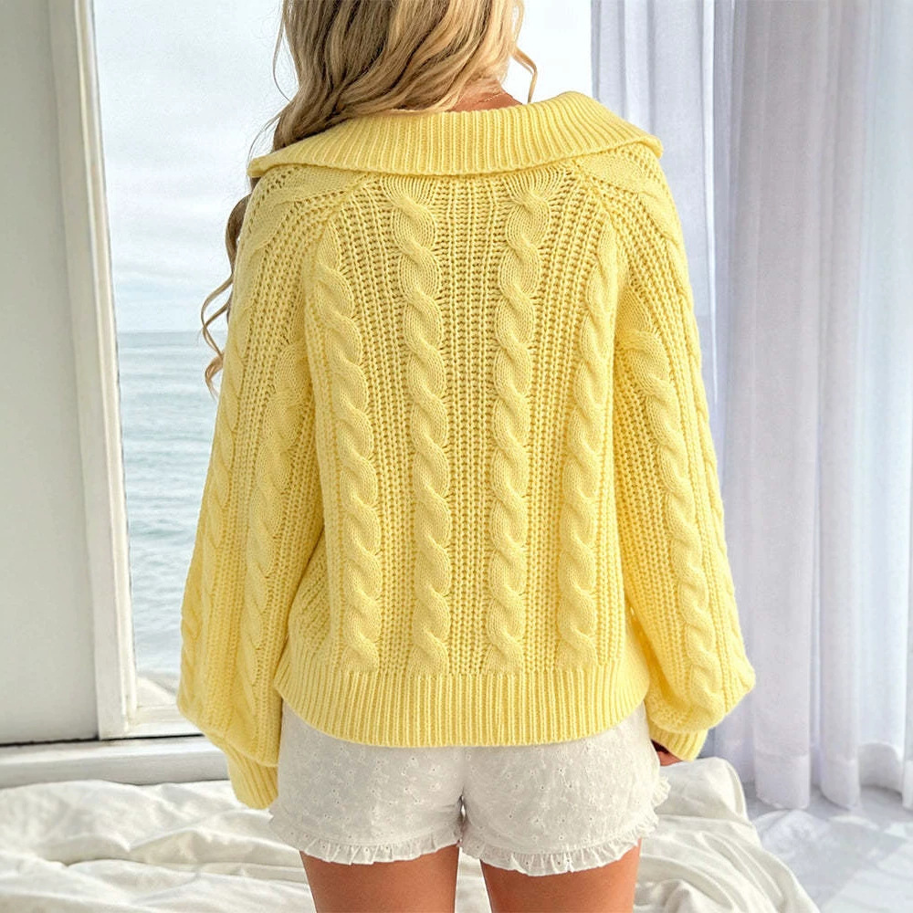 Women's Half-Zip Cable-Knit Sweater with Collar Long Sleeve Loose Pullover