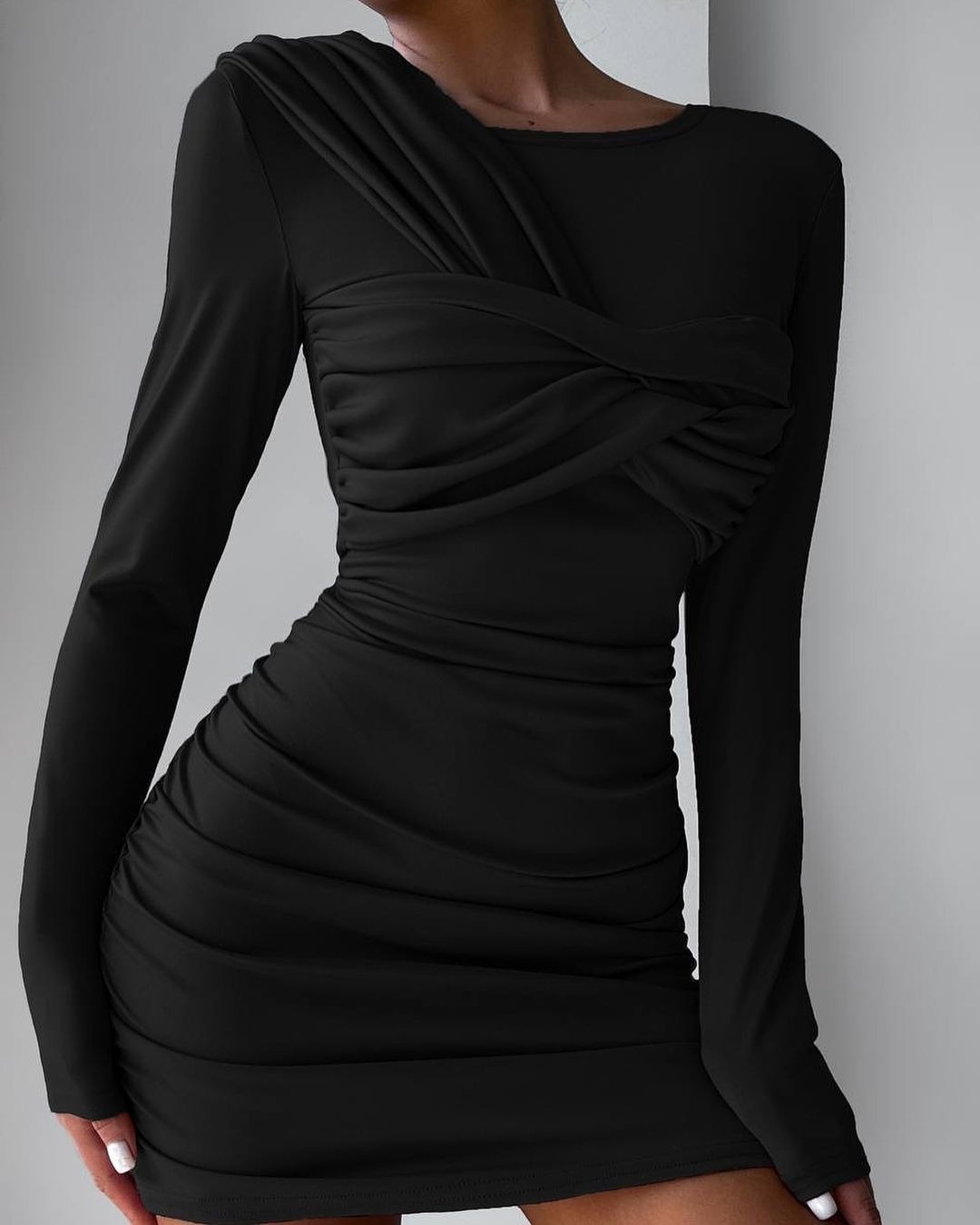 Ruched Long-Sleeve Bodycon Dress Solid Color
