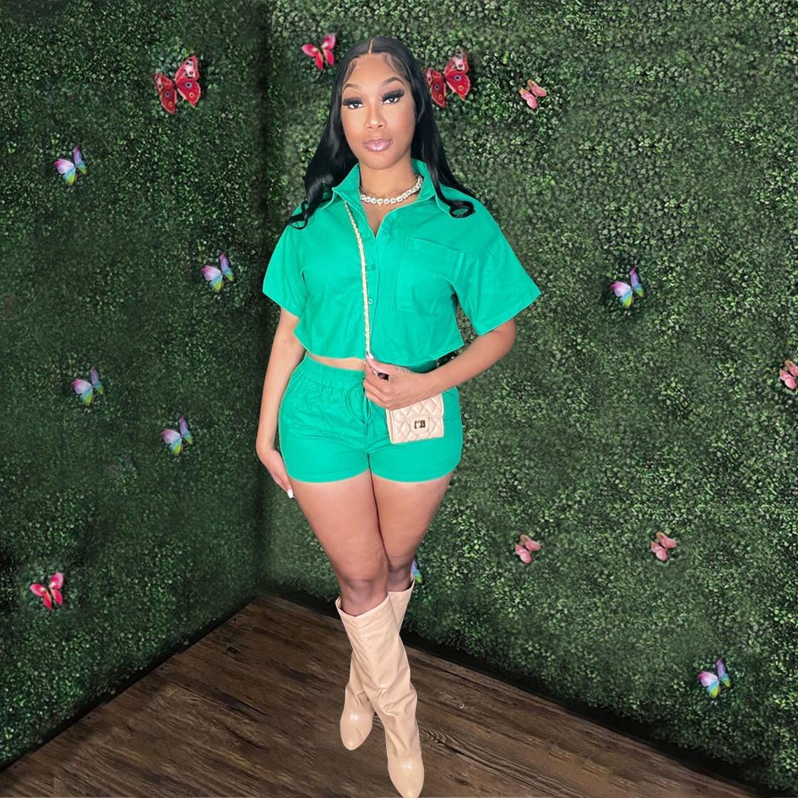 Women's Short Sleeve Shirt and Drawstring Pocket Shorts Two-Piece Set