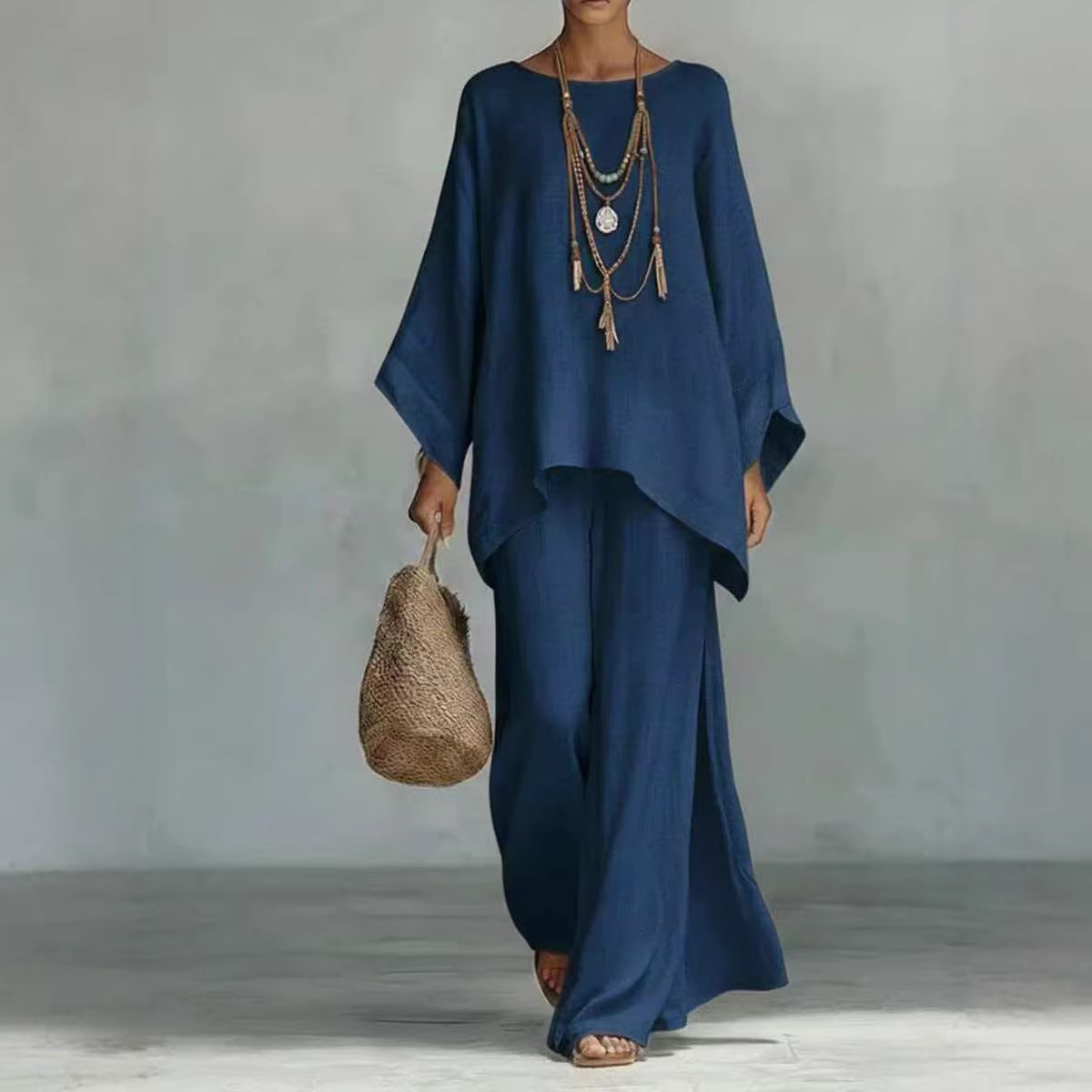 Women's Loose Linen-Blend Solid Shirt & Wide-Leg Pants Casual Set