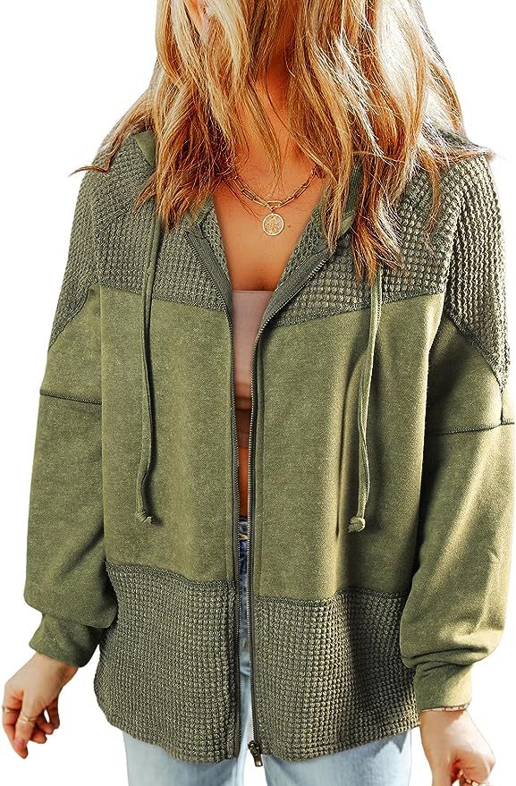 Color-Block Hooded Waffle Jacket with Drawstring