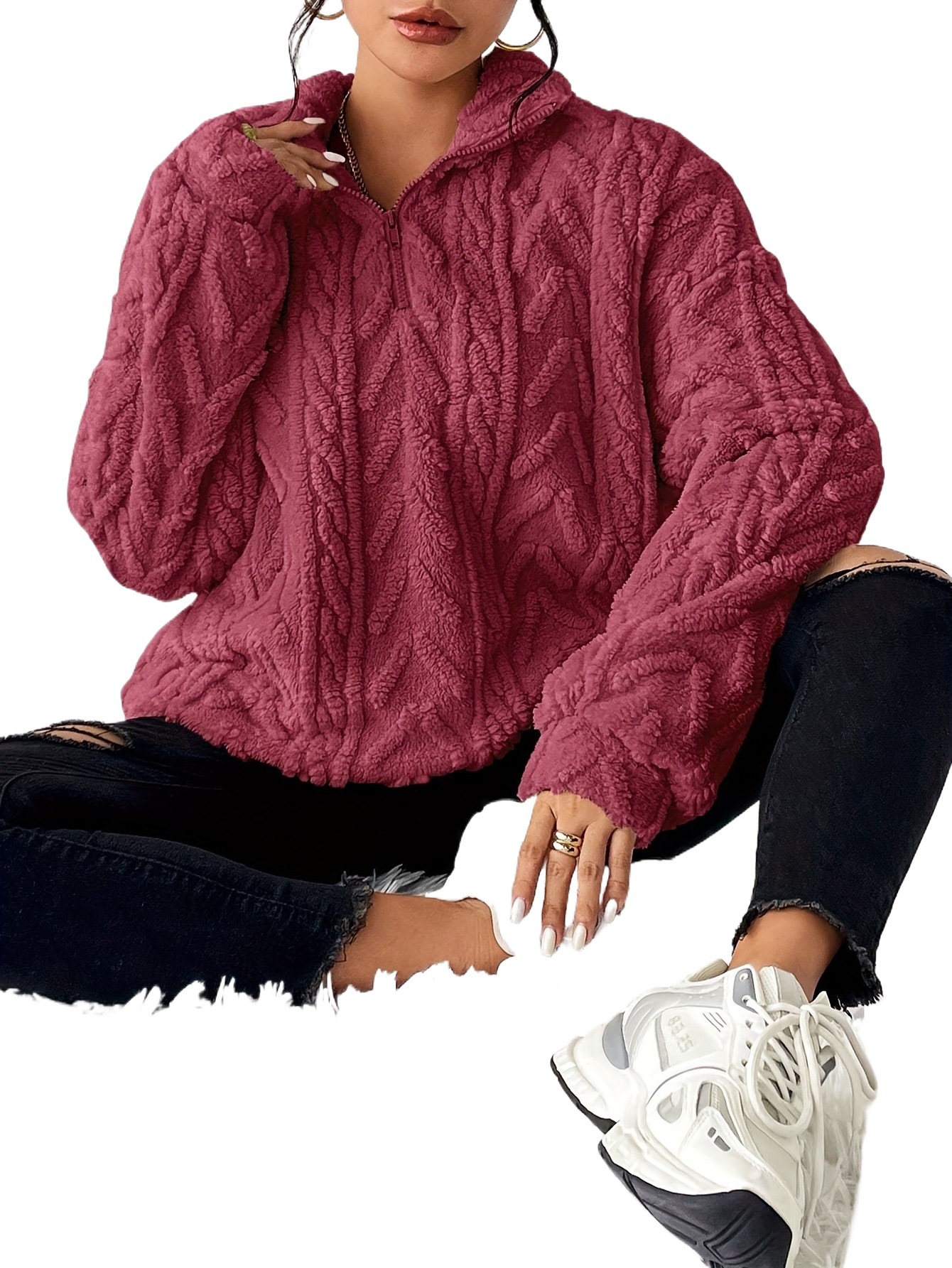 Women's Double-Sided Fleece Pullover with Zip and Jacquard Pattern