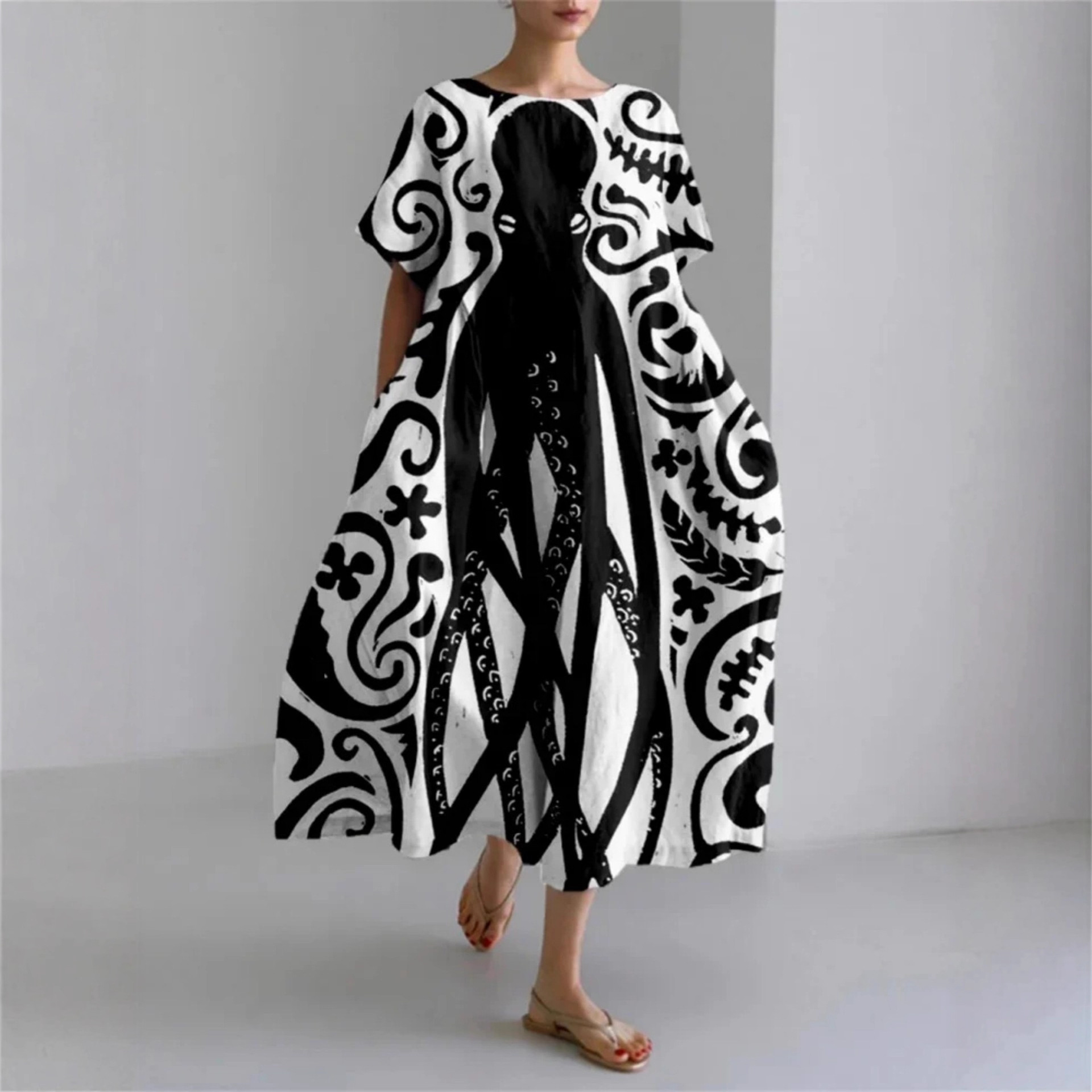 Women's Animal Print Casual A-Line Dress with U-Neck and Short Sleeves