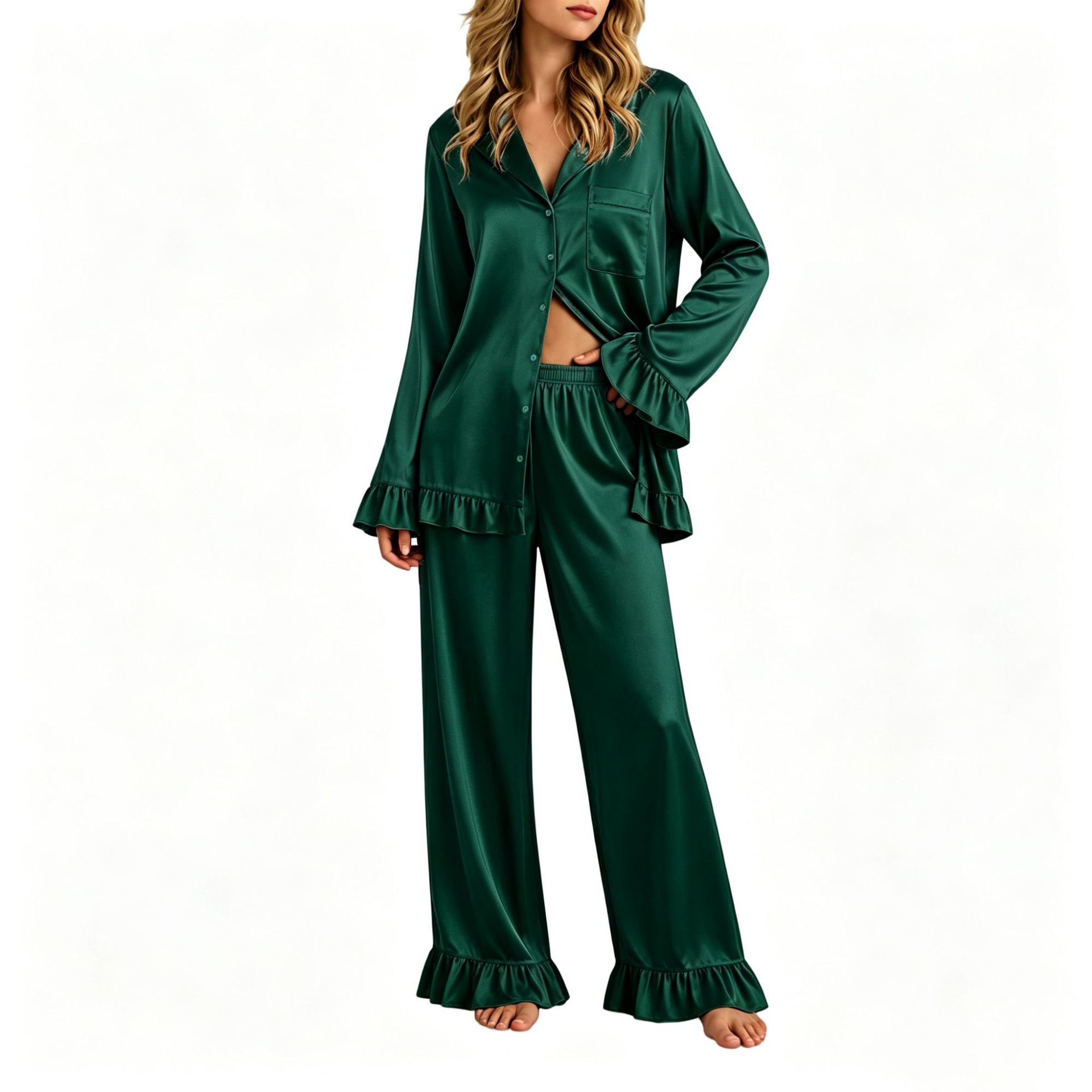 Women's Ruffle Collar Cardigan and Pants Loungewear Set Long Sleeve