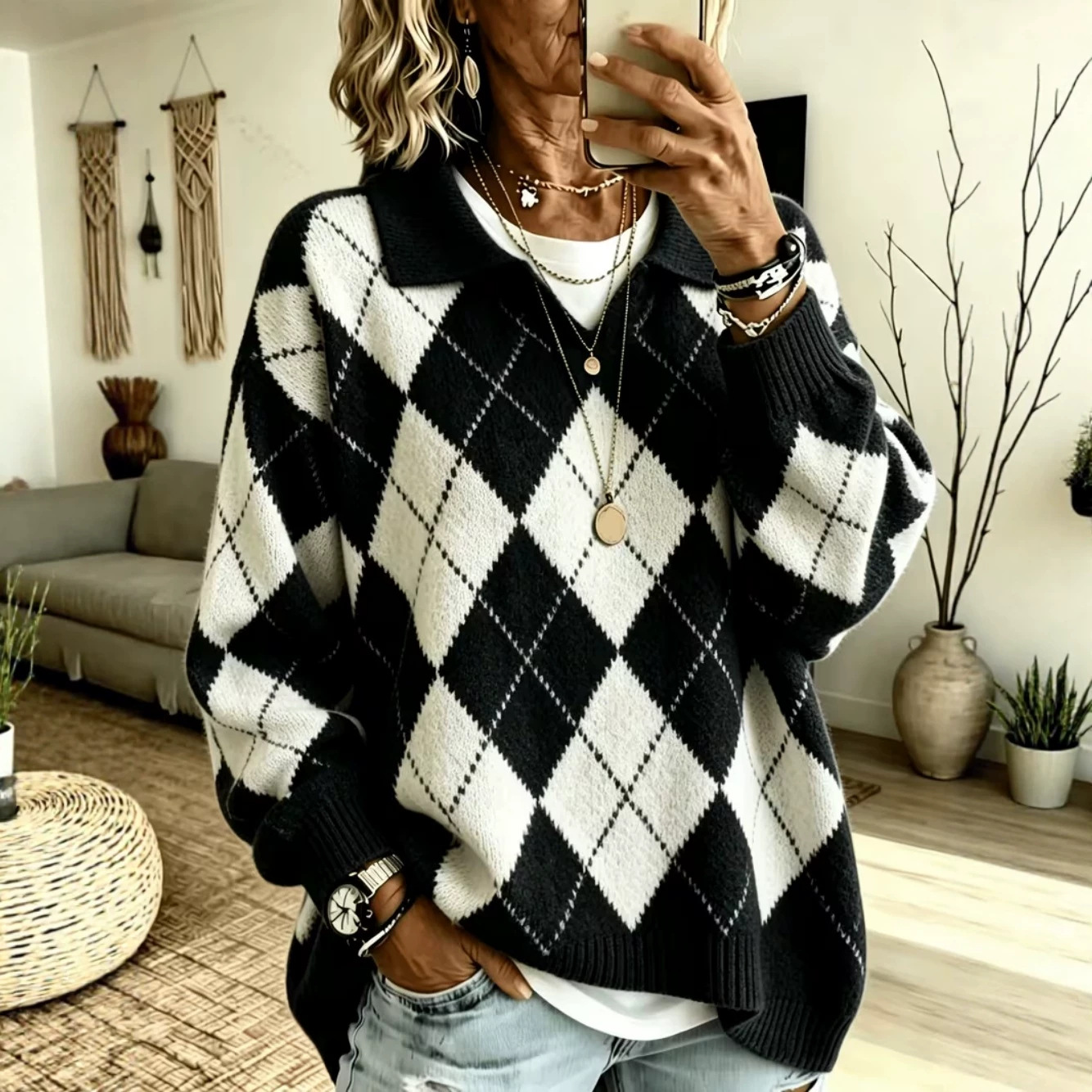 Diamond Plaid V-Neck Collared Knit Sweater