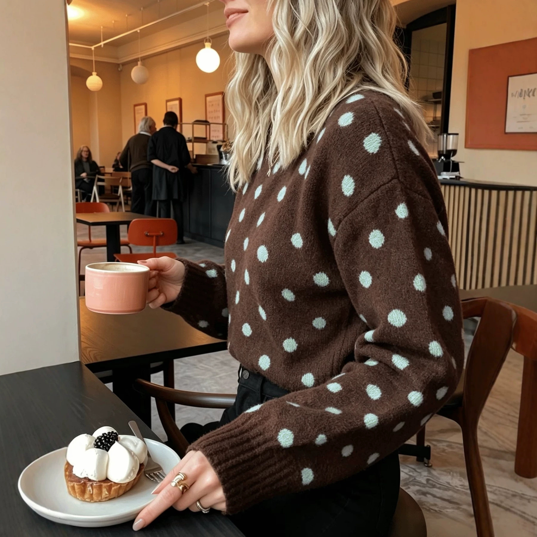 Women's Polka Dot Mock Neck Sweater Colorblock Loose Drop Shoulder Ribbed Cuffs French Retro
