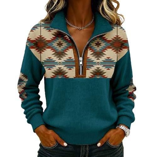 Retro Tribal Print Half-Zip Hoodie for Women