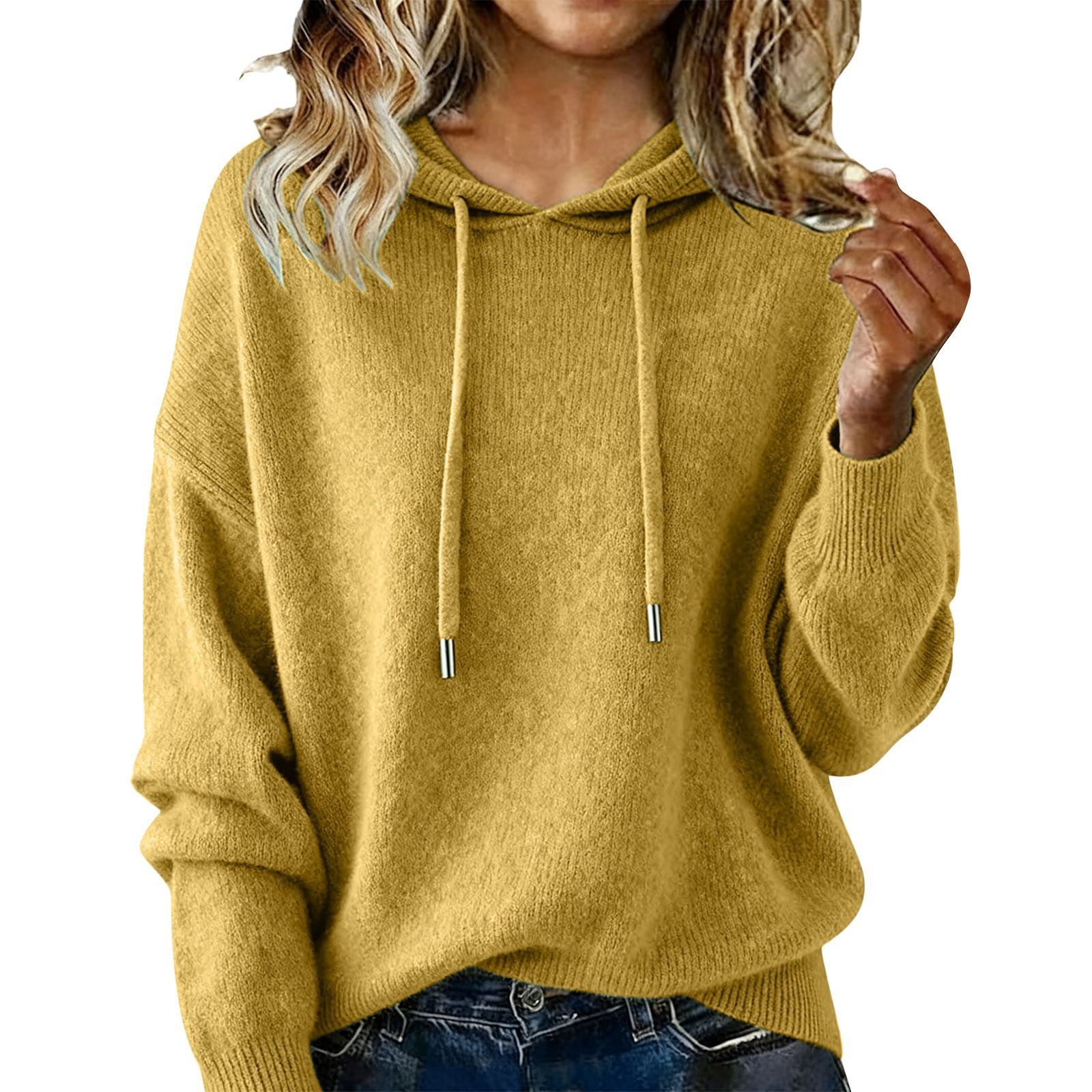 Hooded Drawstring Sweater Solid Color Long Sleeve Brushed Top for Women