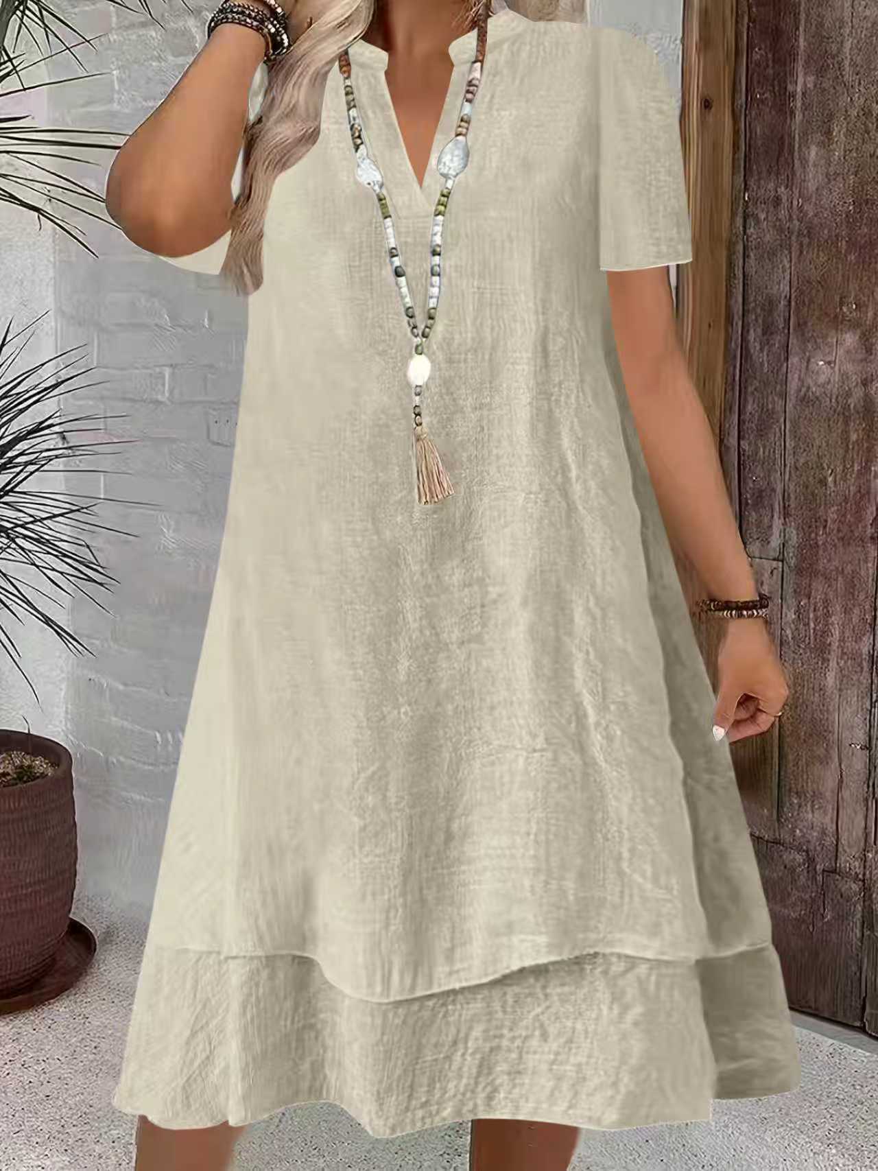 Women's Short Sleeve V-Neck Tiered Midi Dress Casual Loose Solid