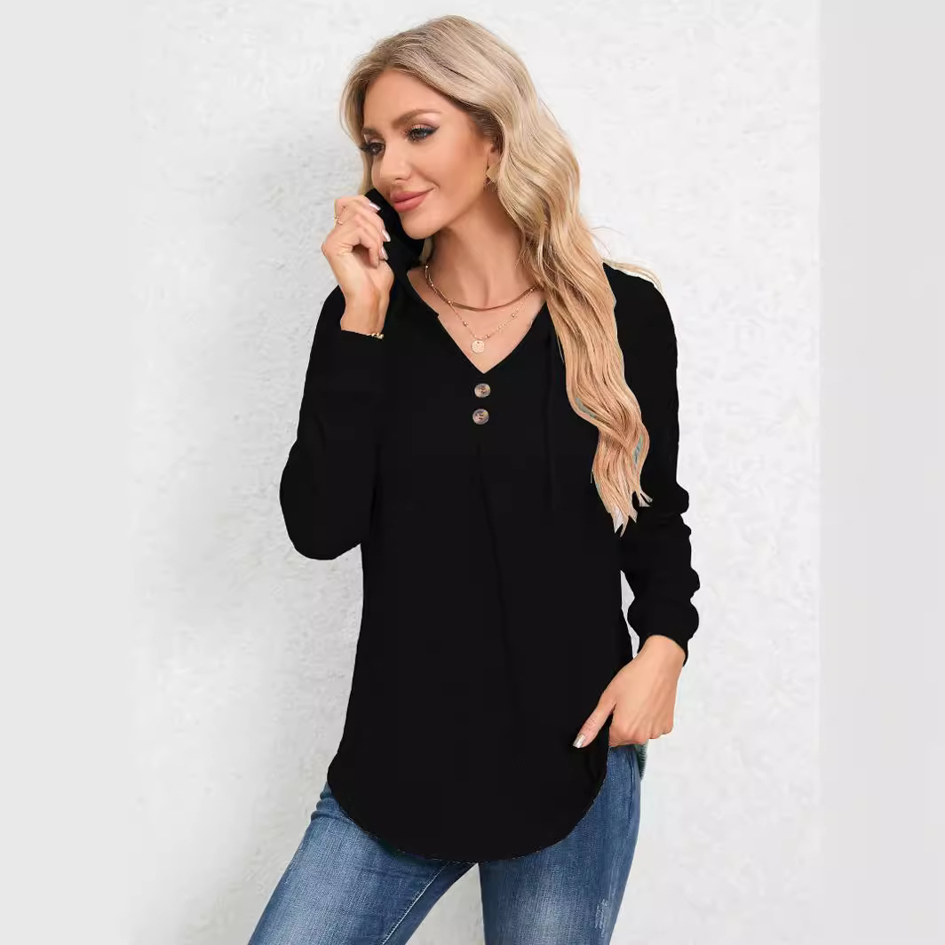 V-Neck Loose Long-Sleeve Hooded Sweatshirt for Women