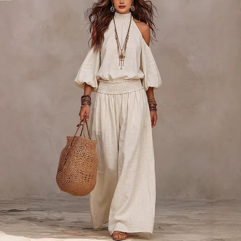 Women's Casual Round Neck Loose Long Sleeve Cutout Top and Pants Set