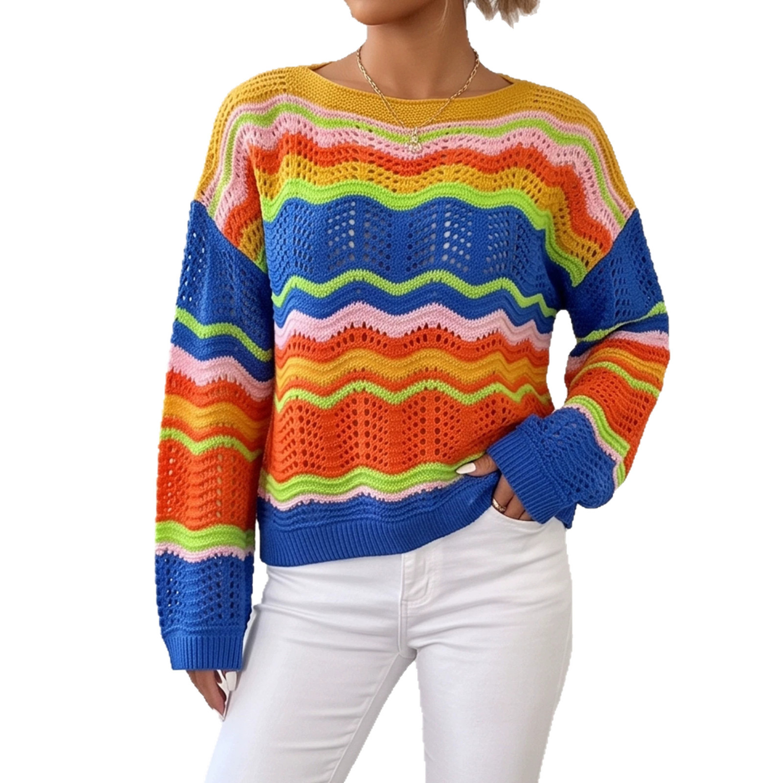 Women's Rainbow Striped Color-Block Open-Knit Pullover Sweater