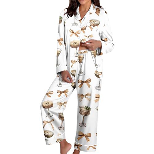 Women's Cuban Collar Christmas Bow Print Long Sleeve Shirt Set
