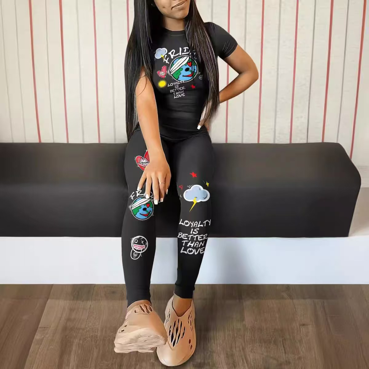 Women's Graphic Print Slim Fit Long Pants Set