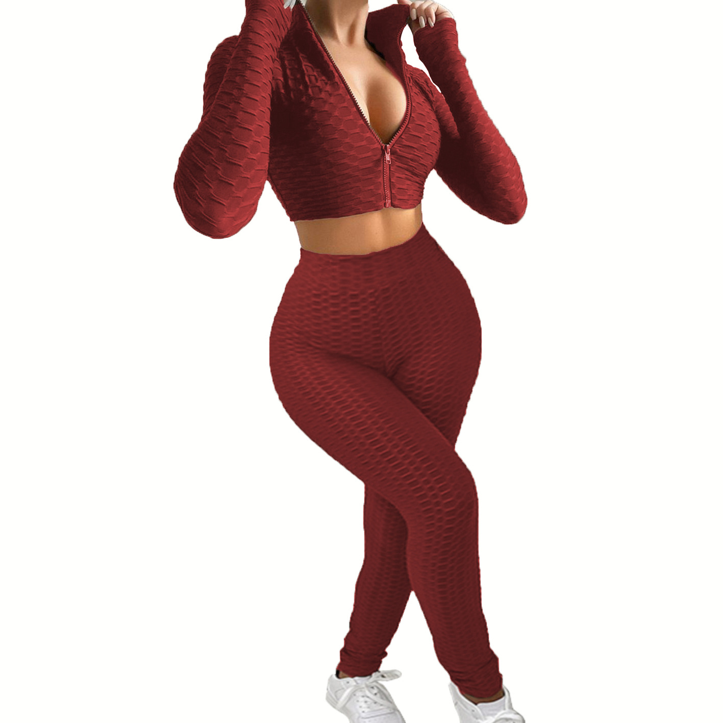 Women's Casual Solid Two-Piece Waffle Knit Tracksuit Set