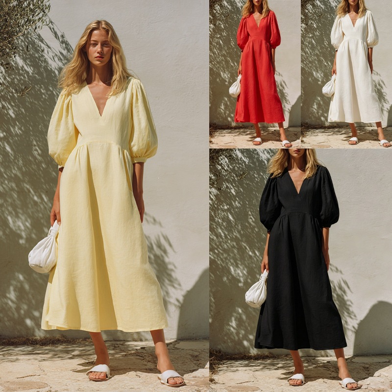 Linen V-Neck Bubble Sleeve A-Line Midi Dress