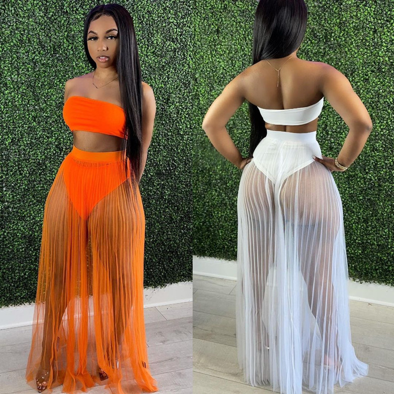 Women's Sexy Sheer Mesh Pleated Three-Piece Skirt Set with Tube Top