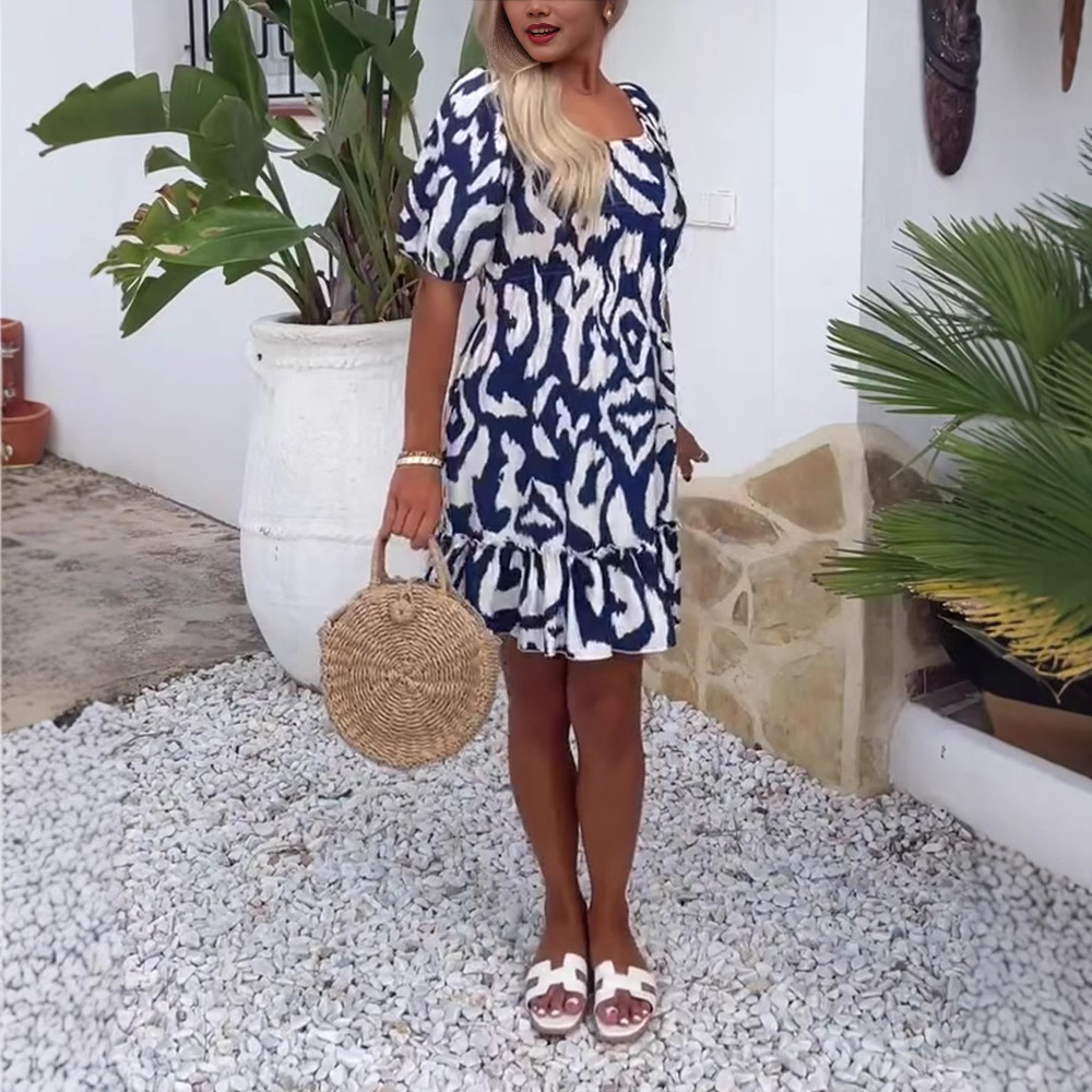 Elegant Floral Print Puff Sleeve Midi Dress
