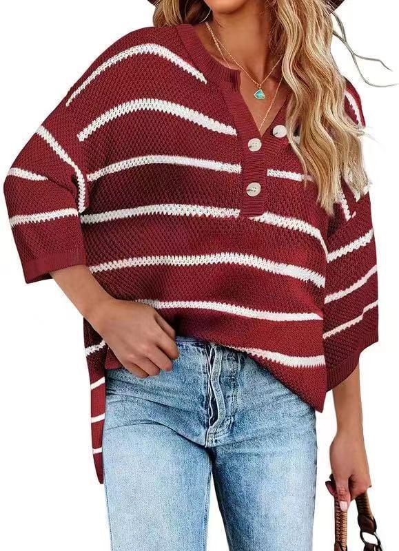 Striped Button-Front Loose Mid-Sleeve Knit Top