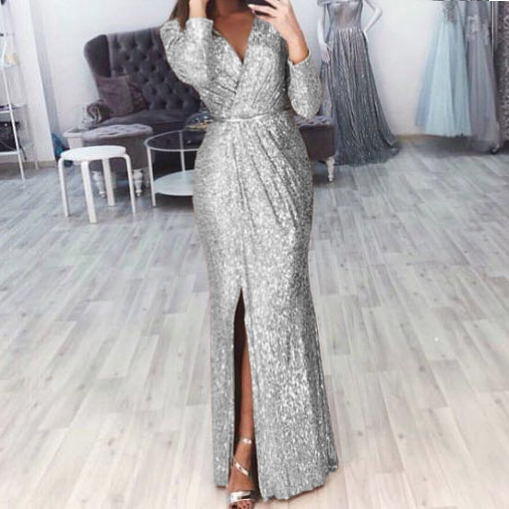 Women's Long Sleeve Deep V-Neck Sequin Evening Dress