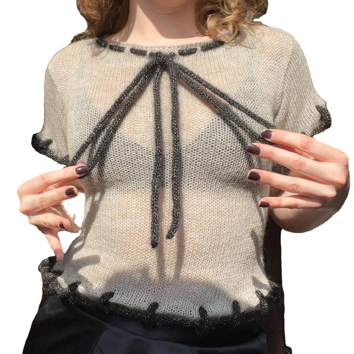 Women's Color-Block Knit Top with Round Neck and Tie Detail Short Sleeve
