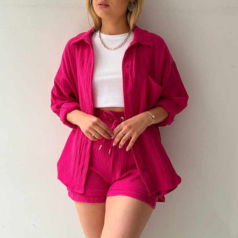 Women's Crinkle Fabric Collared Long Sleeve Shirt and High Waist Drawstring Shorts Set