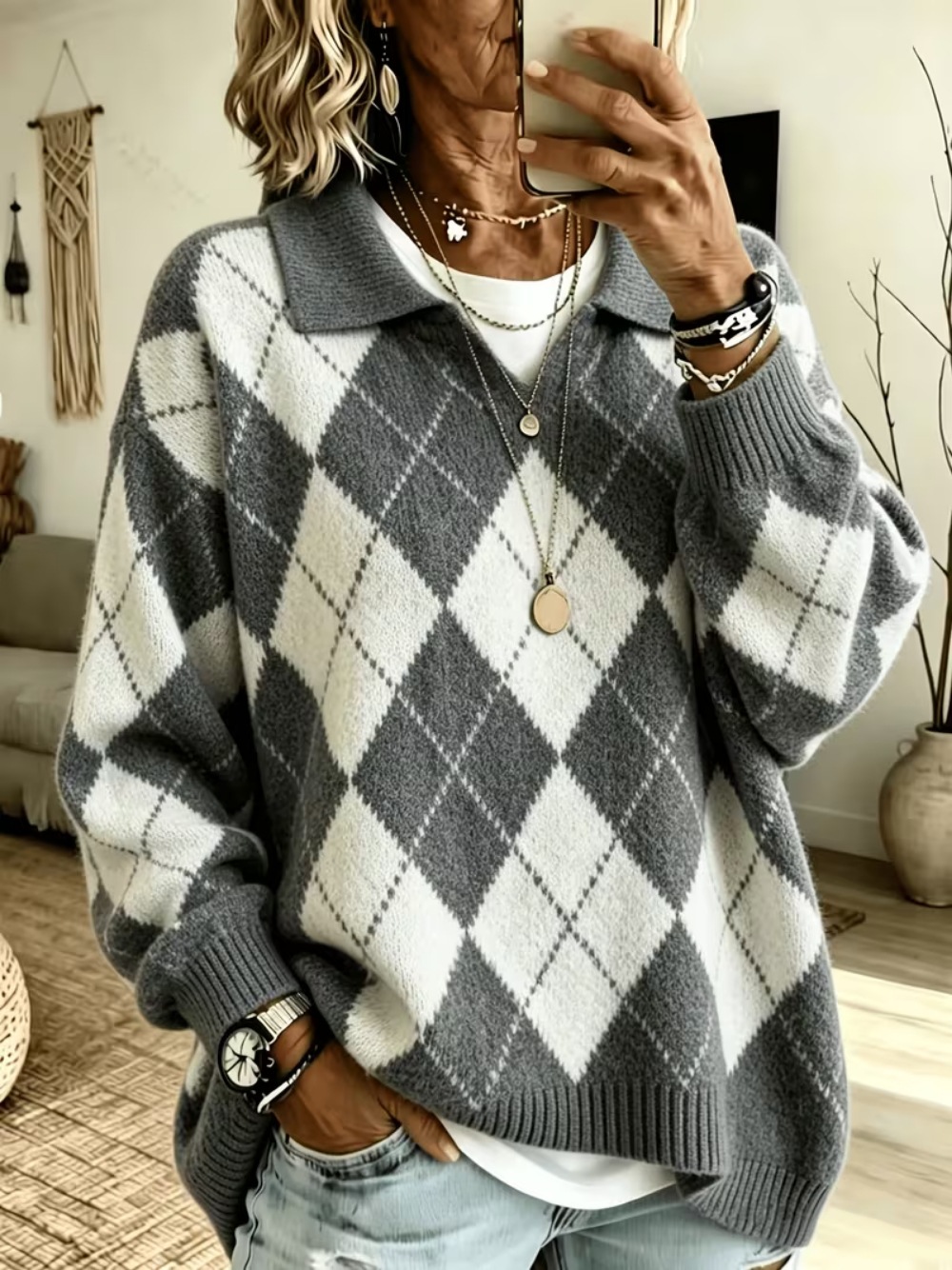 Diamond Plaid V-Neck Collared Knit Sweater