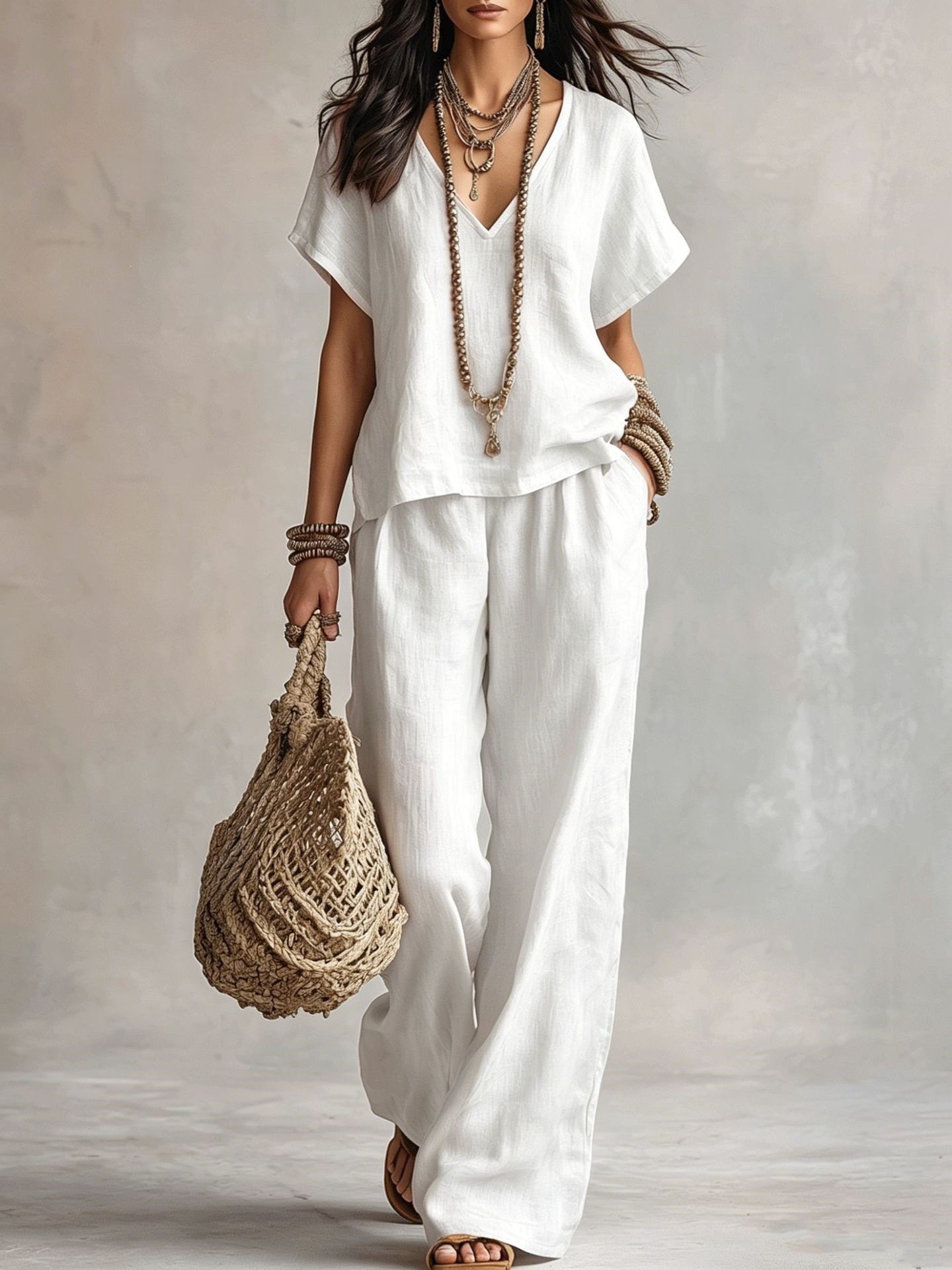 Women's Casual Solid V-Neck Short Sleeve Top & Pants Two-Piece Set